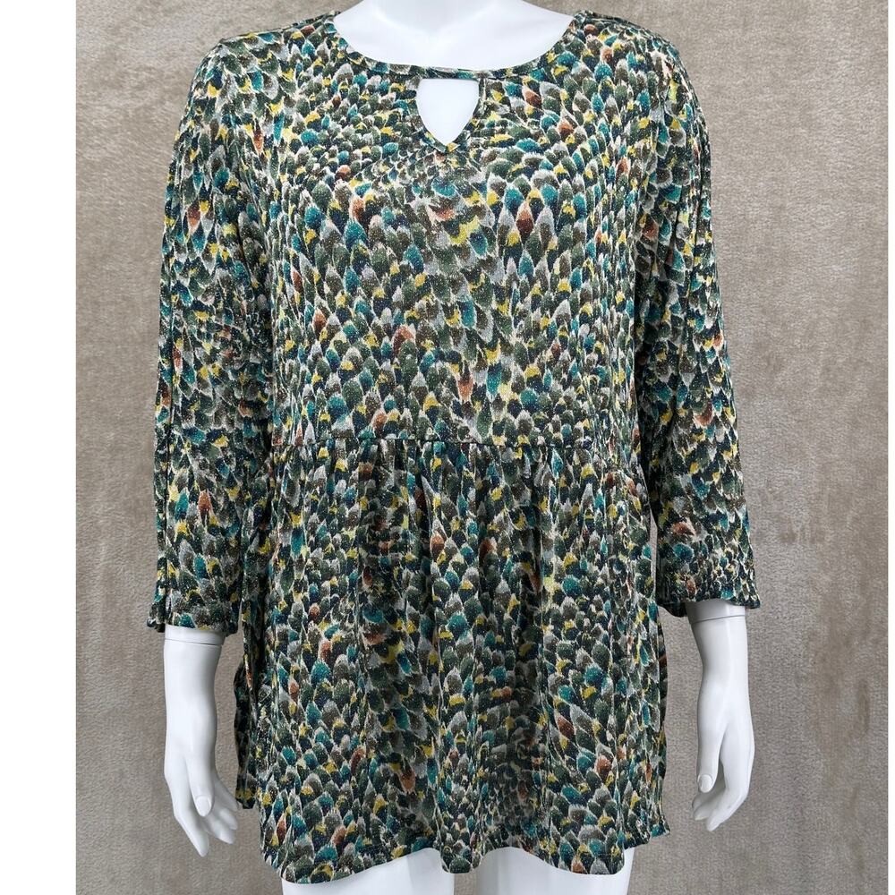 Cocomo Top Womens Plus 2X Green Knit Sheer Metallic‎ Stretch 3/4 Sleeves Artsy